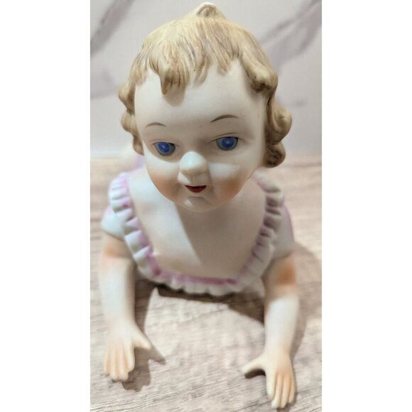 Bisque Porcelain Piano Baby Figurine Crawling Girl in  Pink Dress  Vintage 9" - Picture 4 of 9